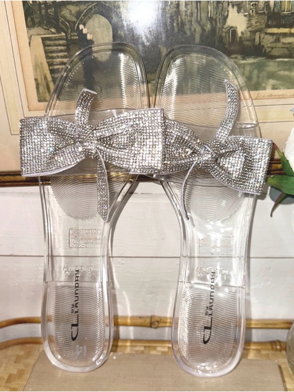 CL By Laundry Slide Sandals with Silver Rhinestone Bow Size 10